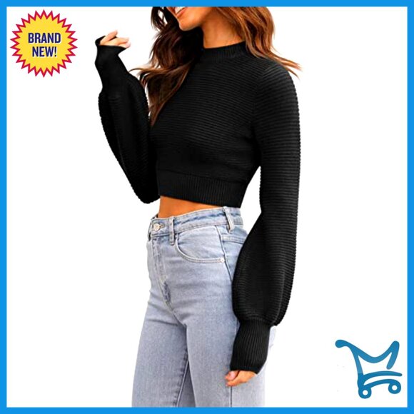 Ribbed Knit Cropped Pullover Sweater Long Balloon Sleeve Slim Fit Chic - Picture 4 of 7